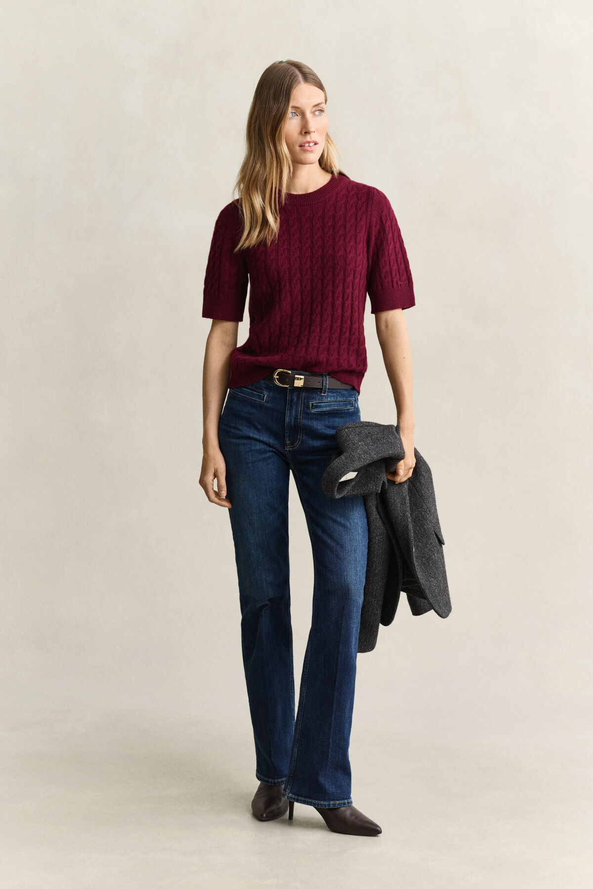 Wool Cashmere Cable Knit Short Sleeve Sweater — DARKENED WINE