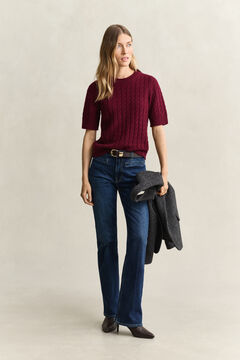 Wool Cashmere Cable Knit Short Sleeve Sweater — DARKENED WINE 5