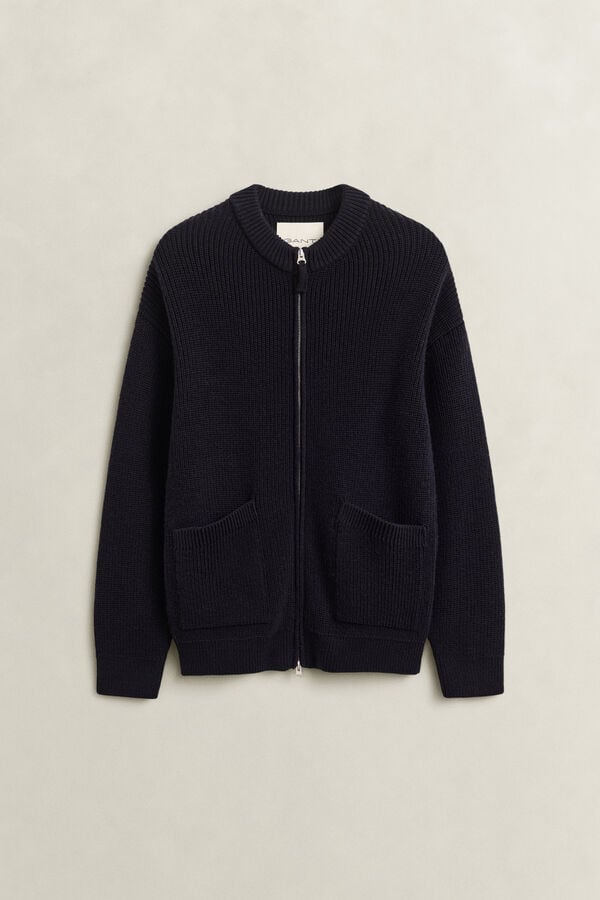 Ribbed Wool Zip Cardigan — EVENING BLUE