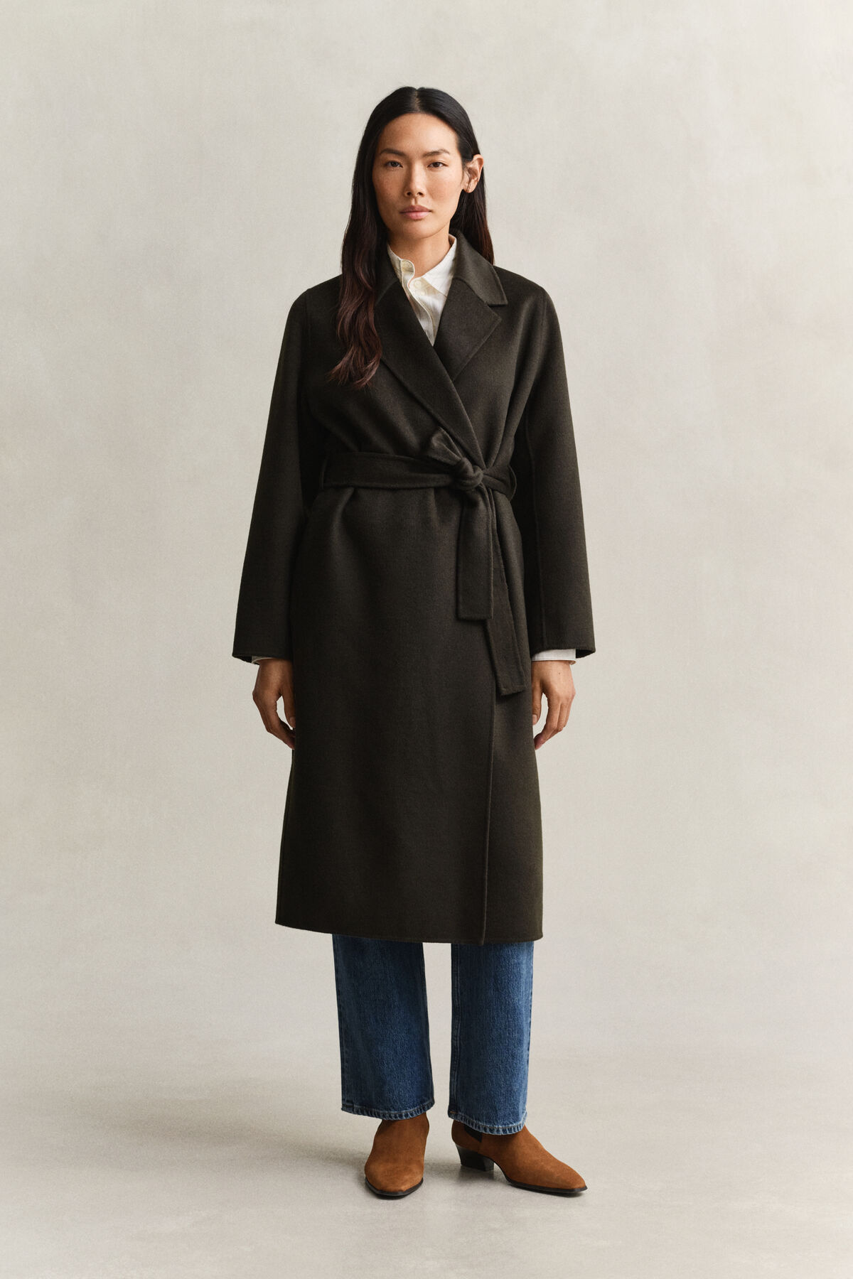 Handstitched Belted Coat — DARK MOSS GREEN