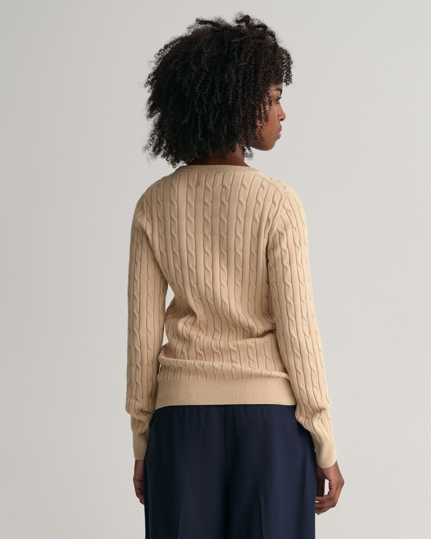 Stretch Cotton Cable Knit Crew Neck Sweater