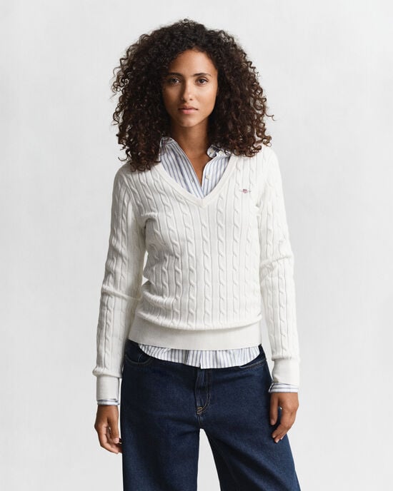 Stretch Cotton Cable Knit V-Neck Sweater