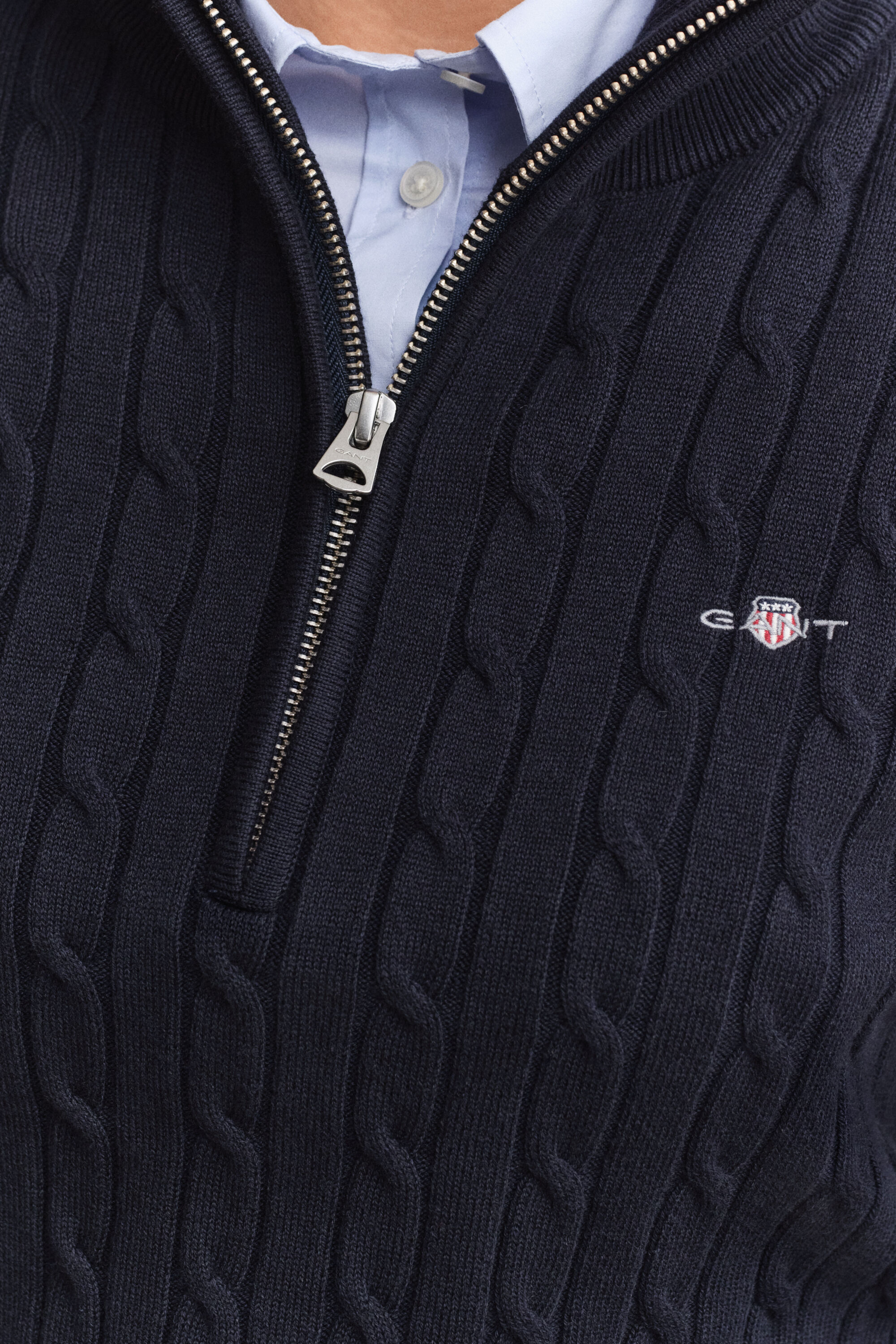 Stretch Cotton Cable Knit Half-Zip Sweater