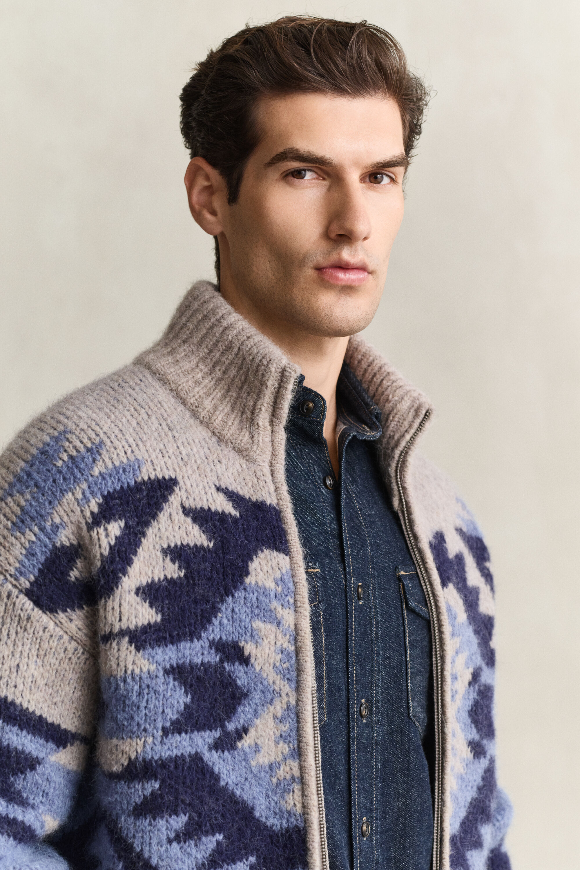 Alpaca Wool Blend Jacquard Zip Cardigan