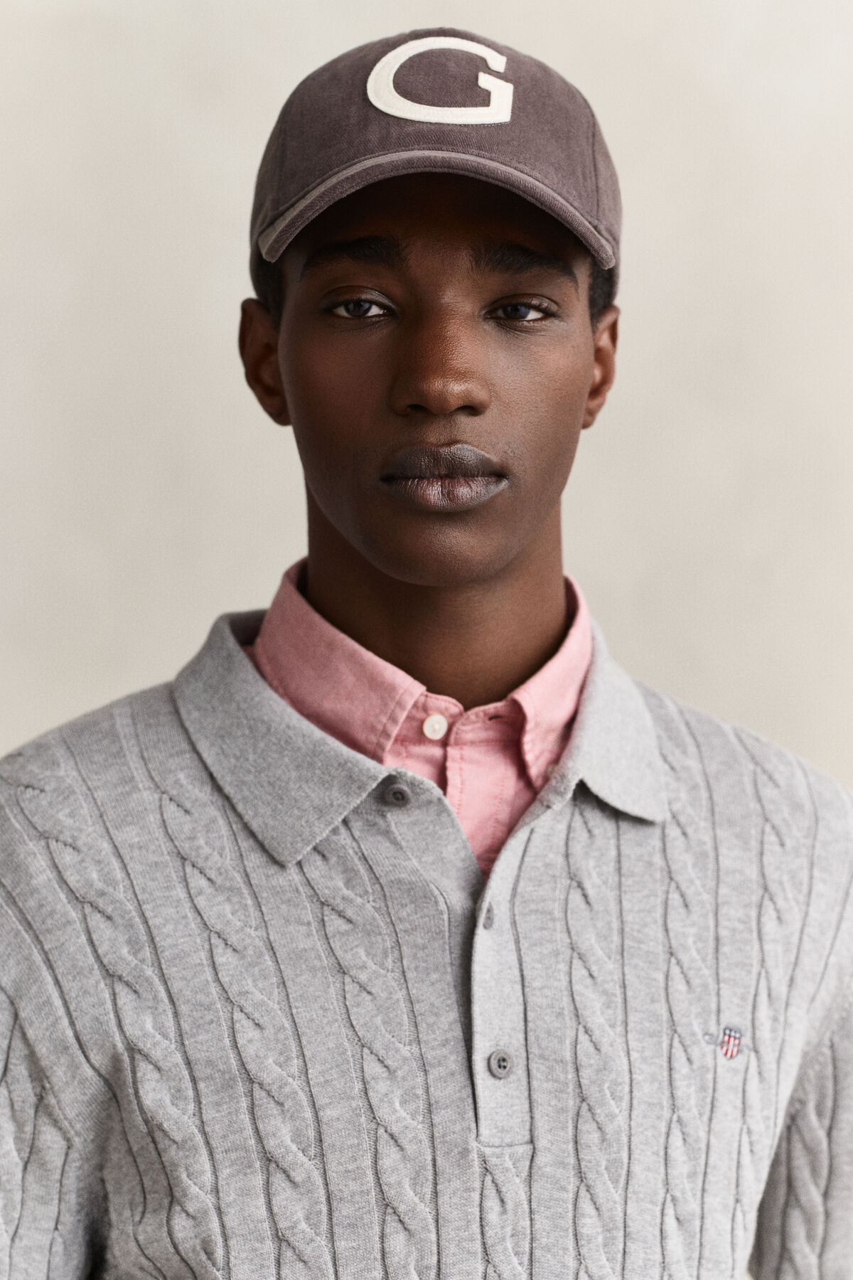 Cotton Cable Knit Polo Sweater — GREY MELANGE