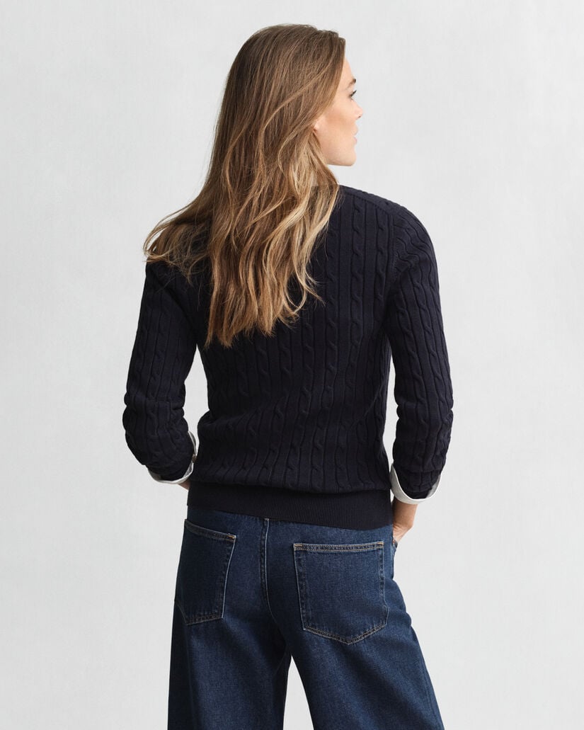 Stretch Cotton Cable Knit V-Neck Sweater