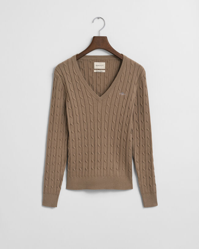 Stretch Cotton Cable Knit V-Neck Sweater