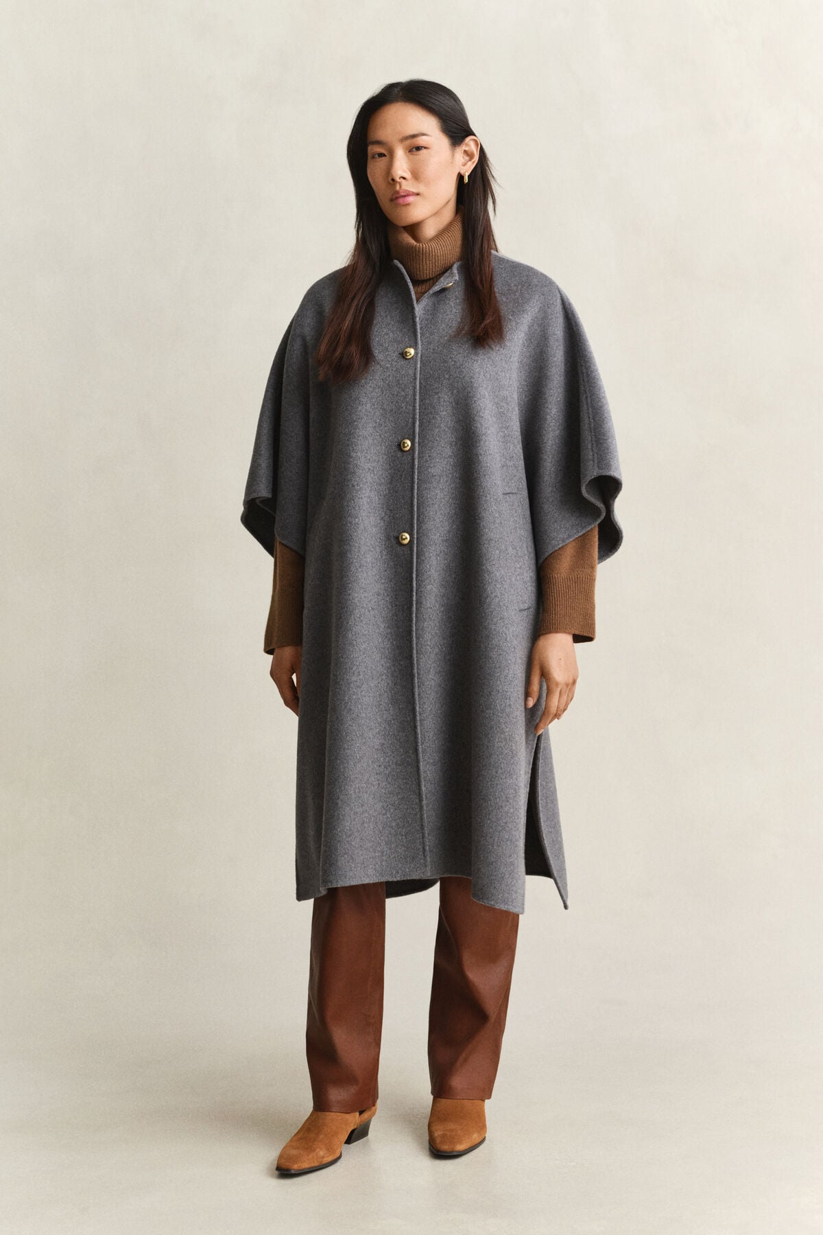 Handstitched Cape Coat — CHARCOAL MELANGE
