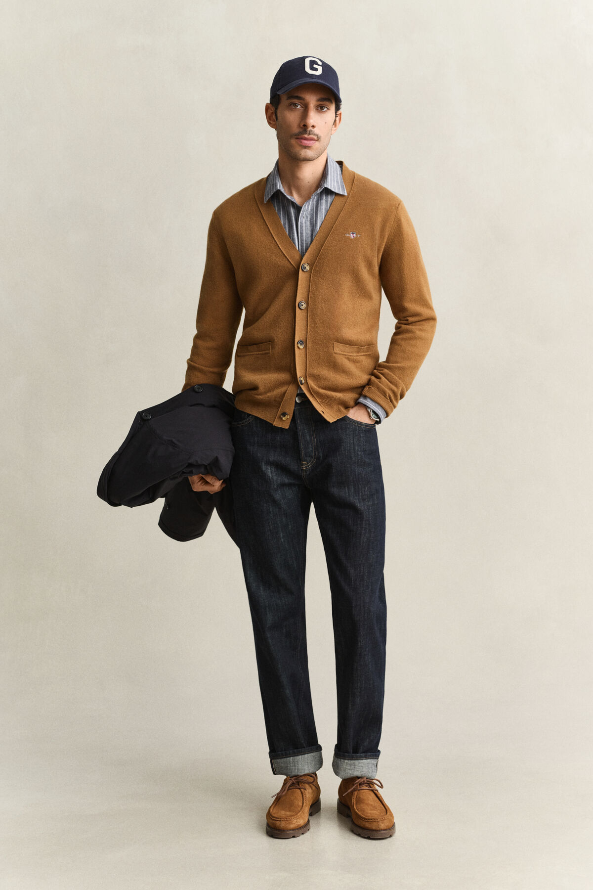Lambswool V-Neck Cardigan — CARAMEL BROWN