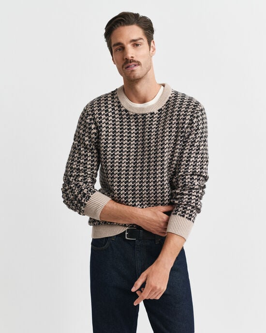 Two-Tone Textured Crew Neck Sweater
