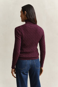 Stretch Cotton Cable Knit Turtleneck Sweater — DARKENED WINE 2