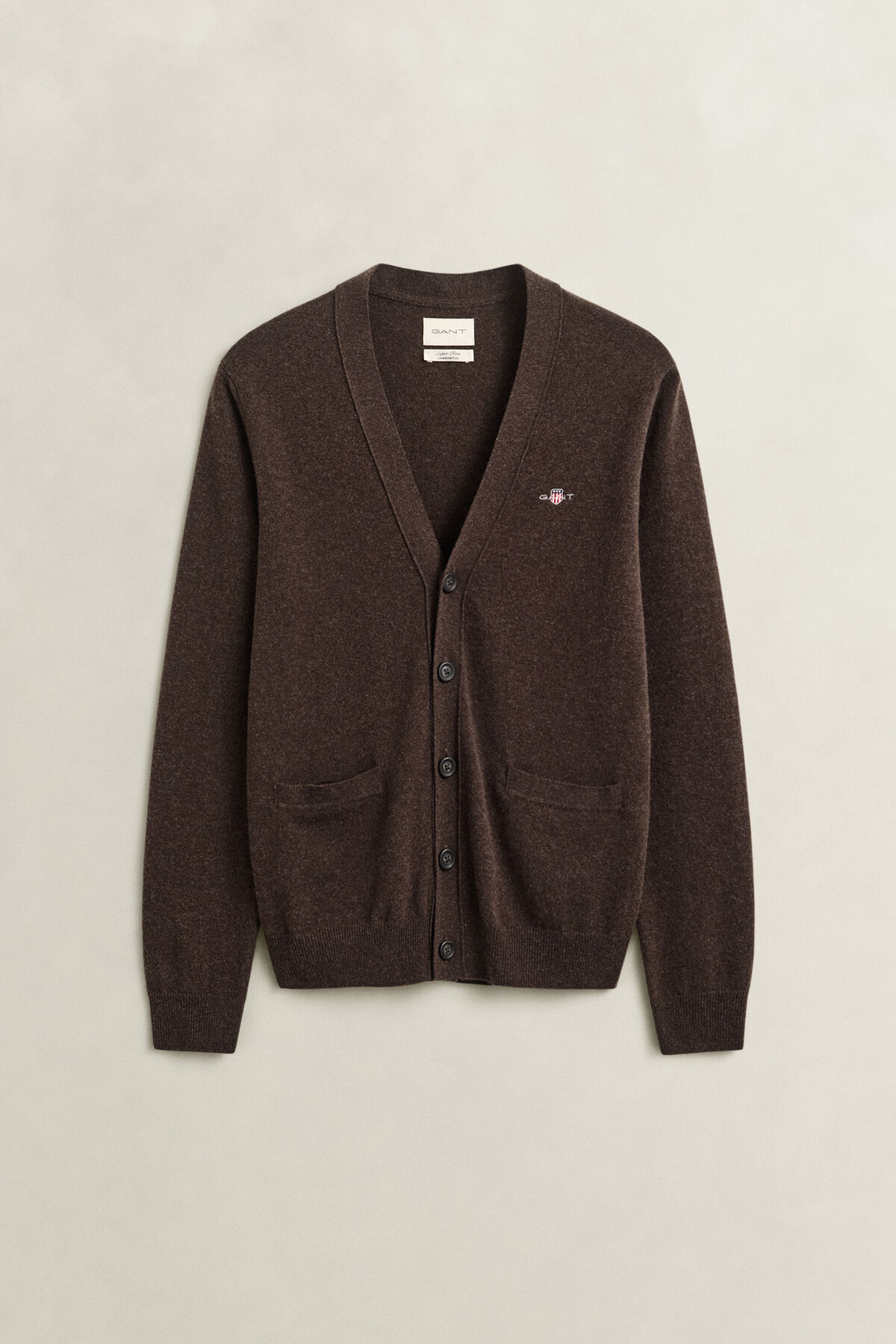 Lambswool V-Neck Cardigan — DARK BROWN MELANGE