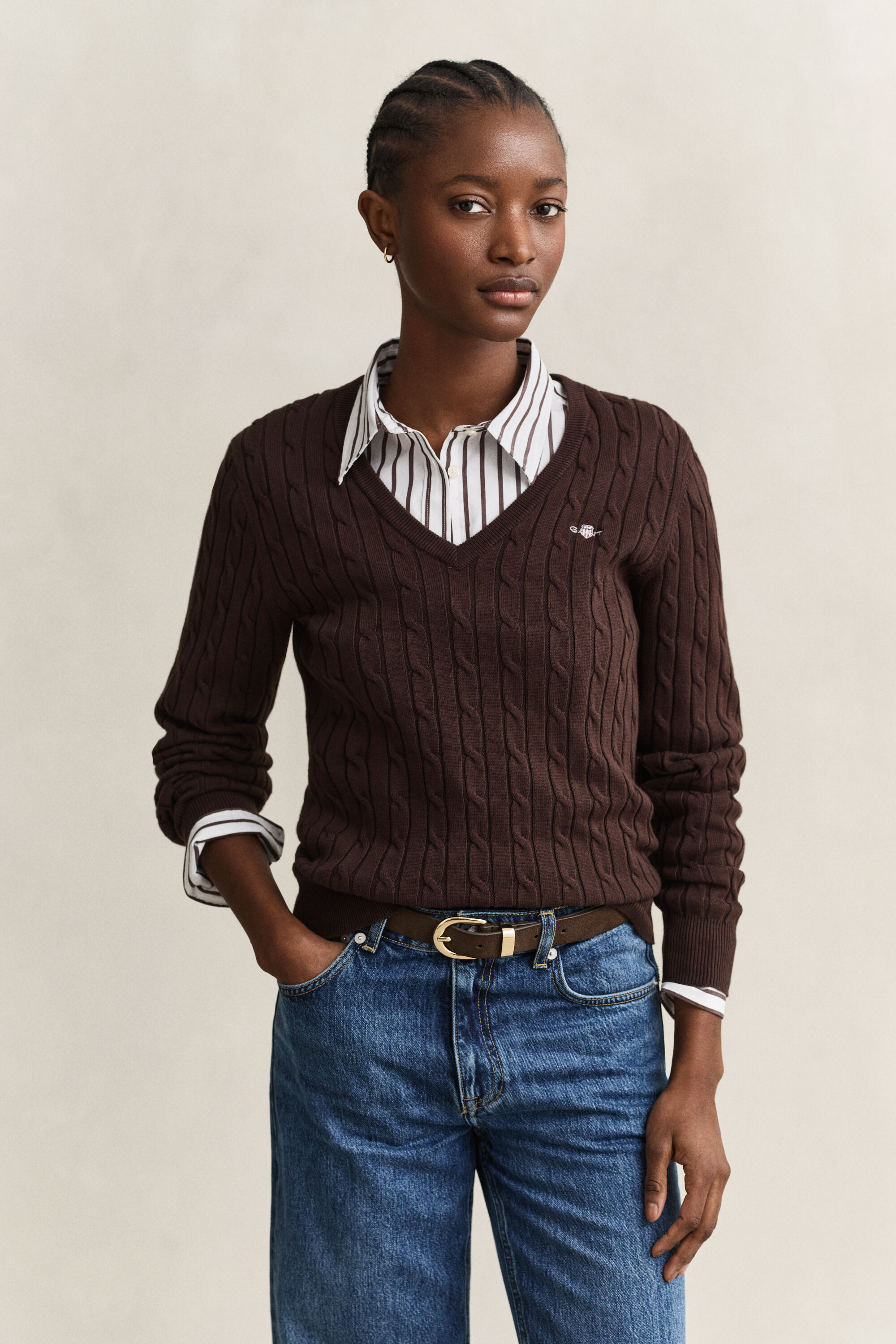 Stretch Cotton Cable Knit V-Neck Sweater