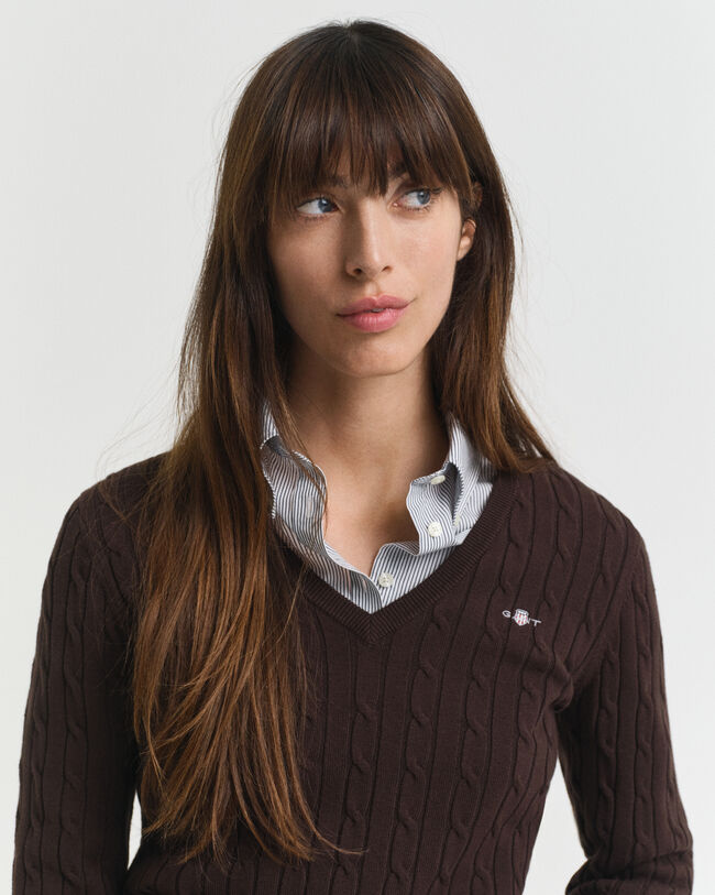 Stretch Cotton Cable Knit V-Neck Sweater