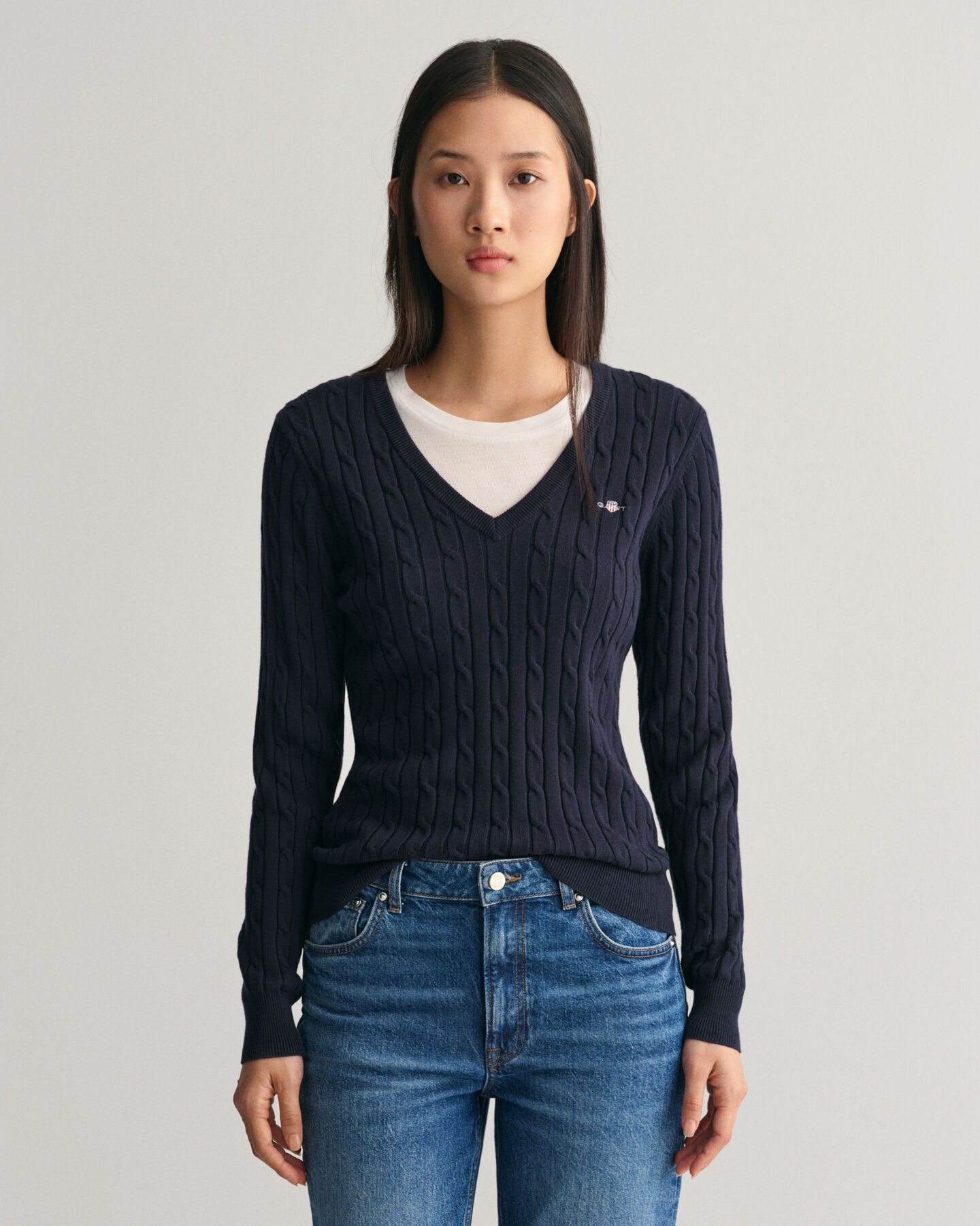 Stretch Cotton Cable Knit V-Neck Sweater - GANT