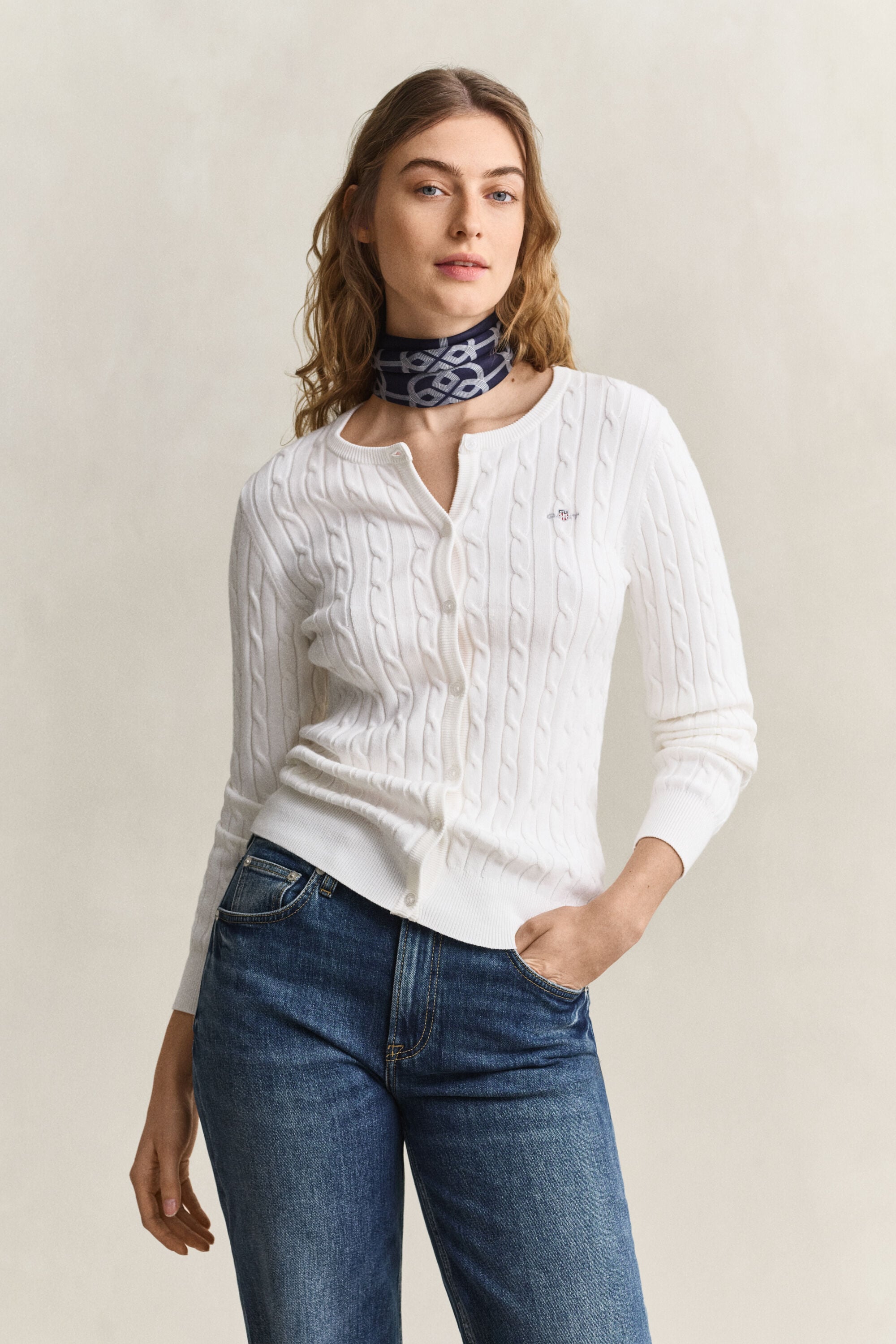 Stretch Cotton Cable Knit Cardigan