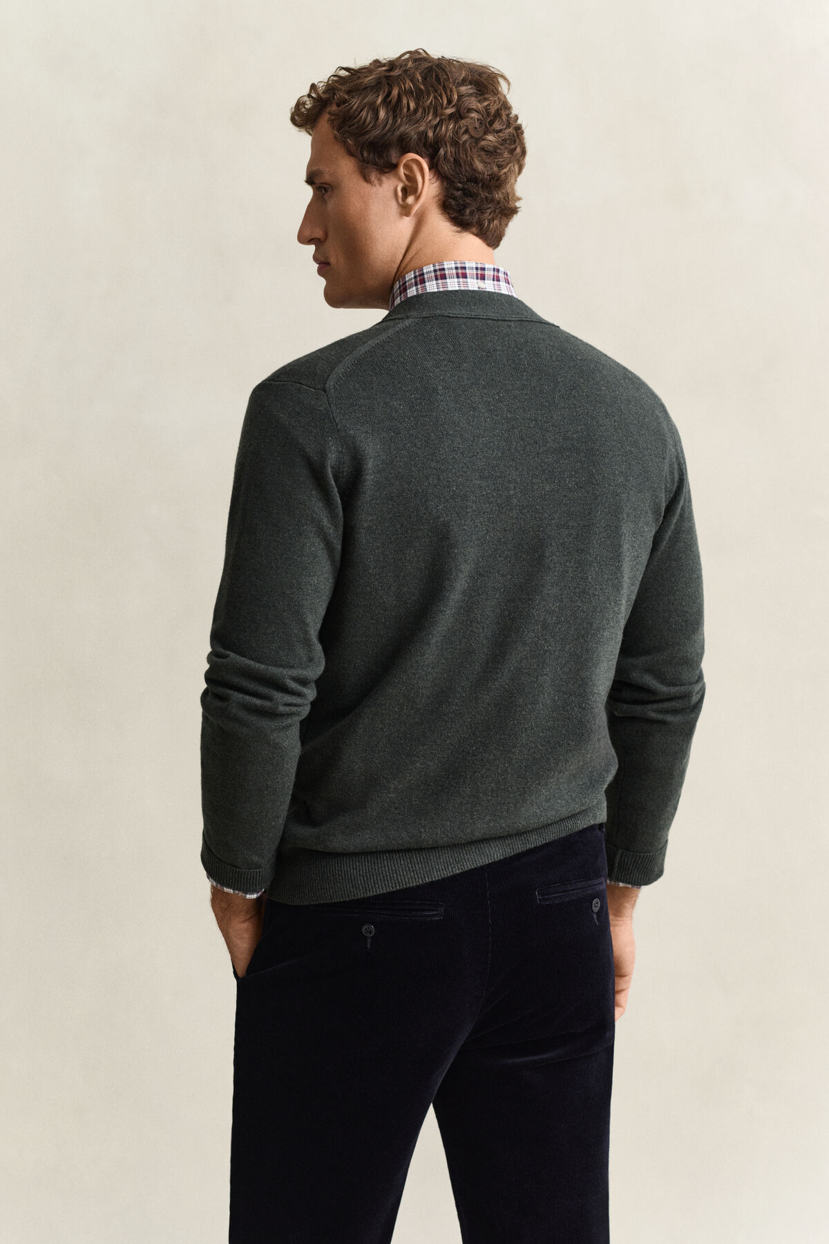 Lambswool V-Neck Cardigan — DARK MOSS GREEN