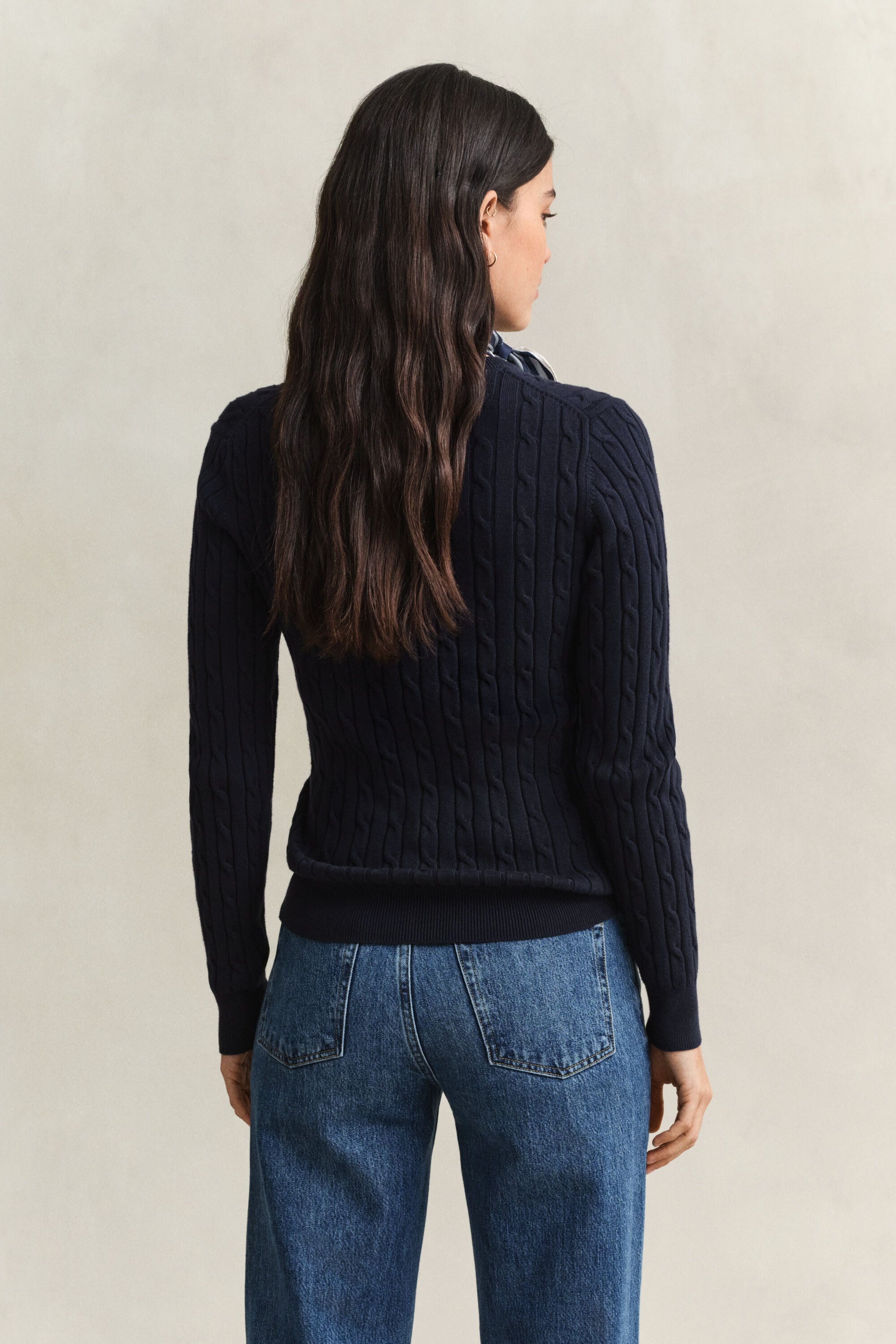 Stretch Cotton Cable Knit Crew Neck Sweater