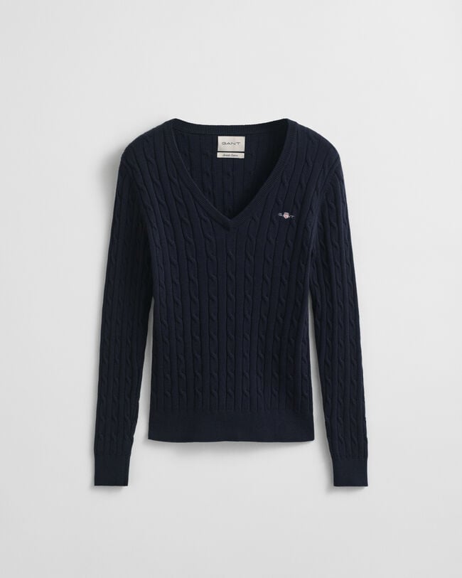 Stretch Cotton Cable Knit V-Neck Sweater