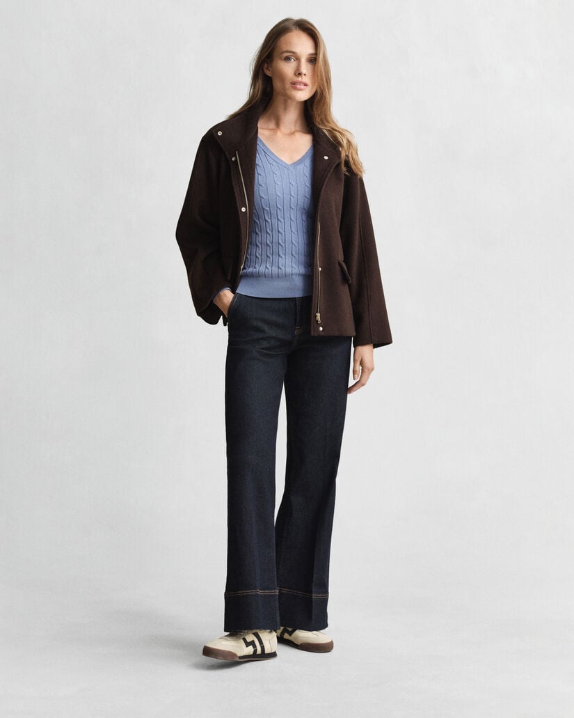 Stretch Cotton Cable Knit V-Neck Sweater