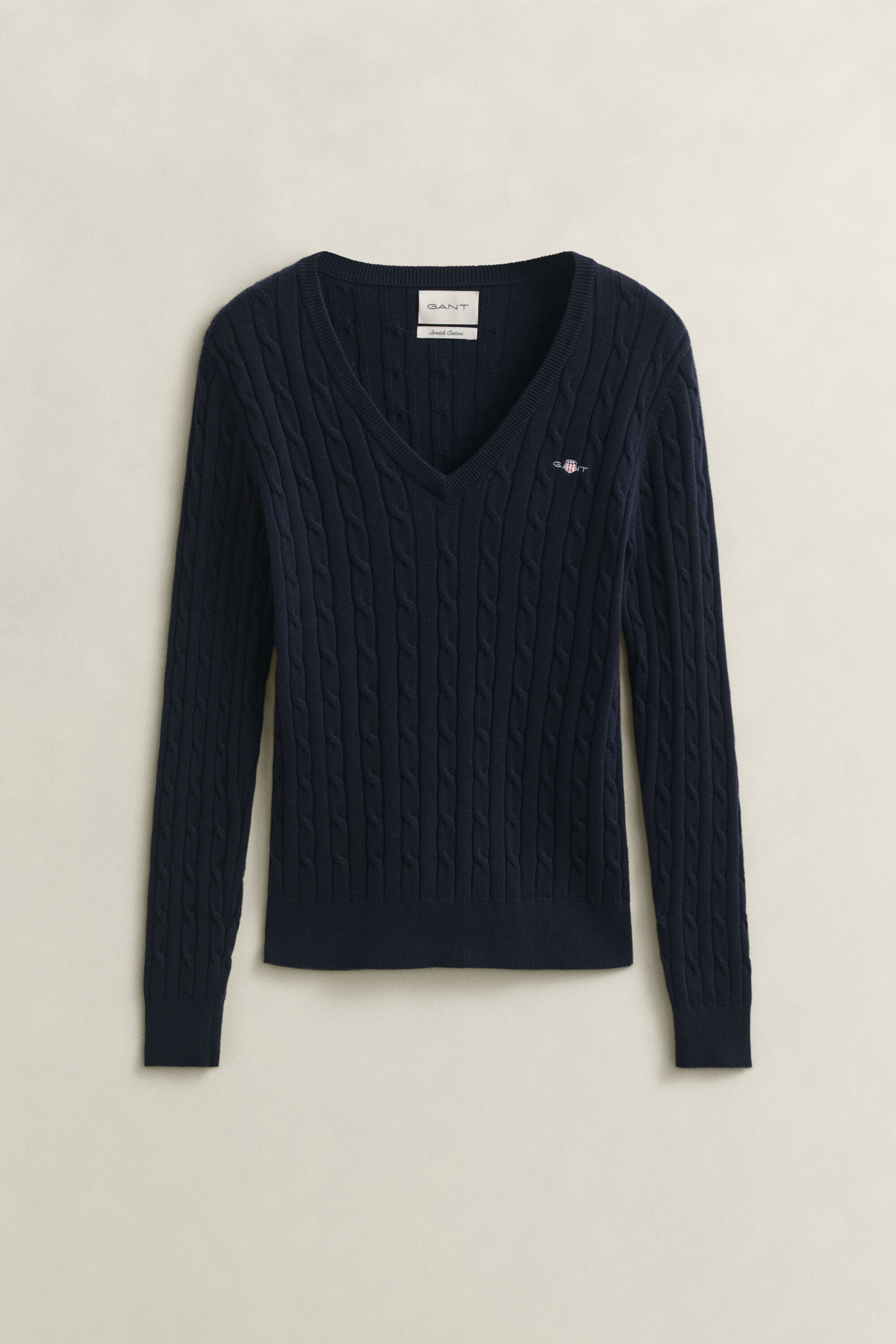 Stretch Cotton Cable Knit V-Neck Sweater