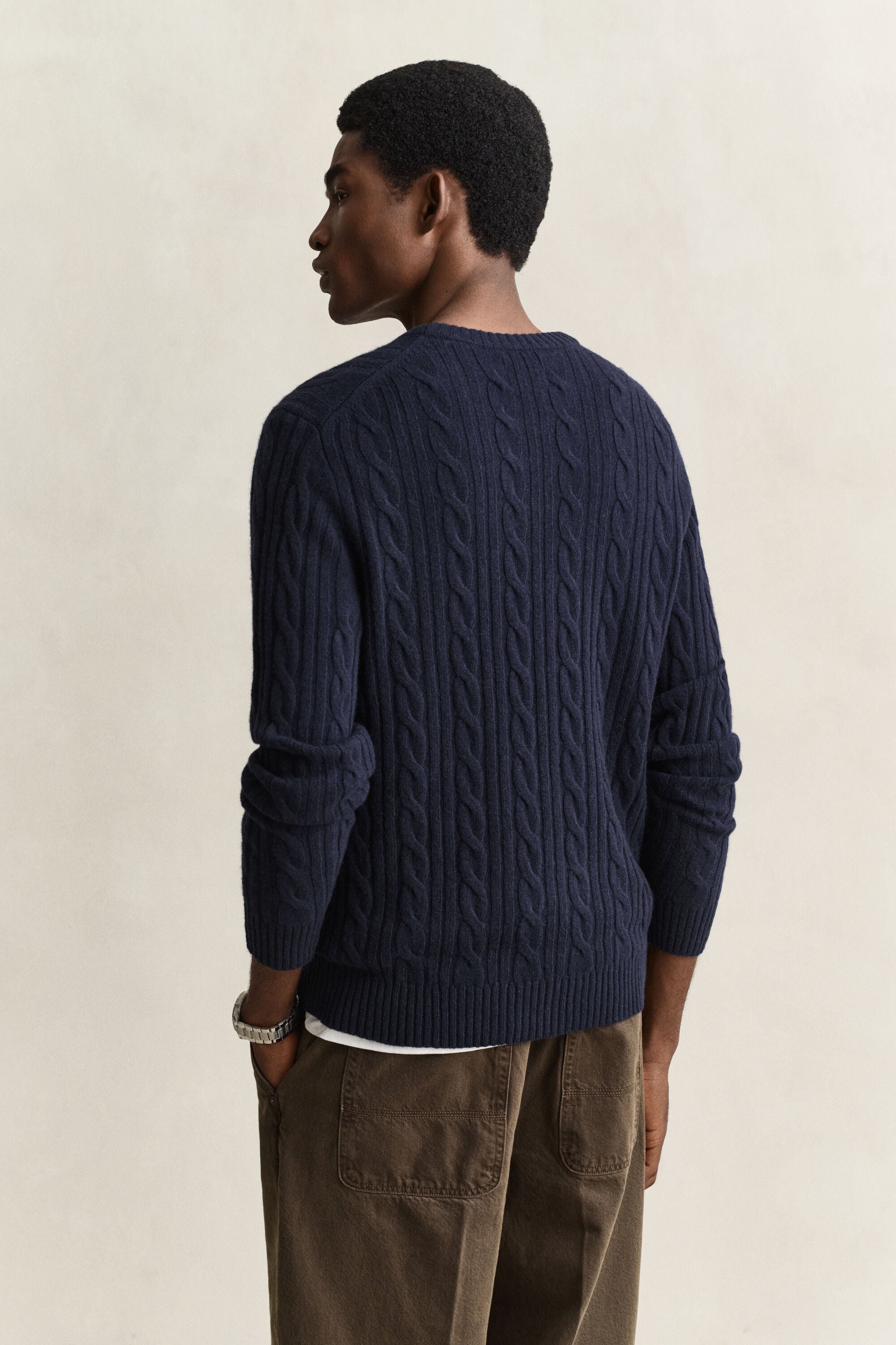 Lambswool Cable Knit Crew Neck Sweater — EVENING BLUE