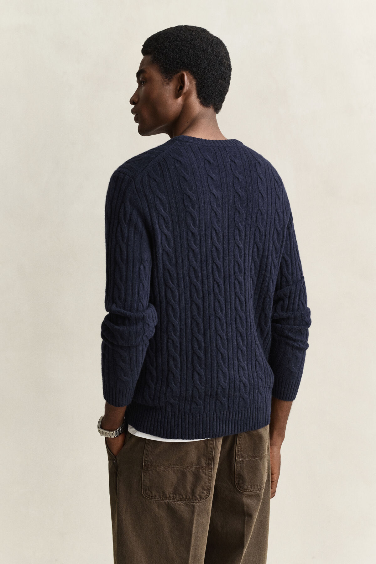 Lambswool Cable Knit Crew Neck Sweater — EVENING BLUE