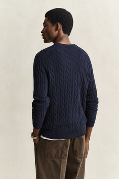 Lambswool Cable Knit Crew Neck Sweater — EVENING BLUE 2