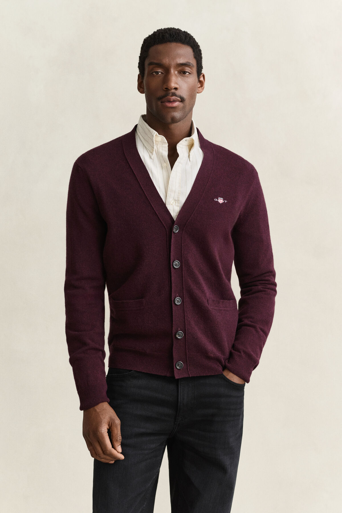 Lambswool V-Neck Cardigan — DARKENED WINE