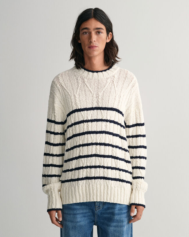 Striped Cable Knit Crew Neck Sweater - GANT