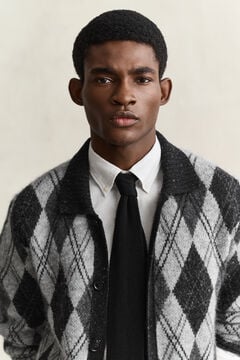 Alpaca Wool Blend Argyle Polo Cardigan — BLACK 3