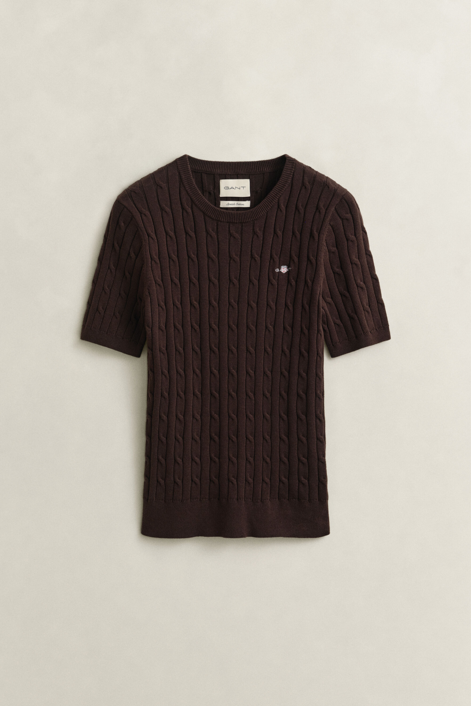 Stretch Cotton Cable Knit Short Sleeve Sweater