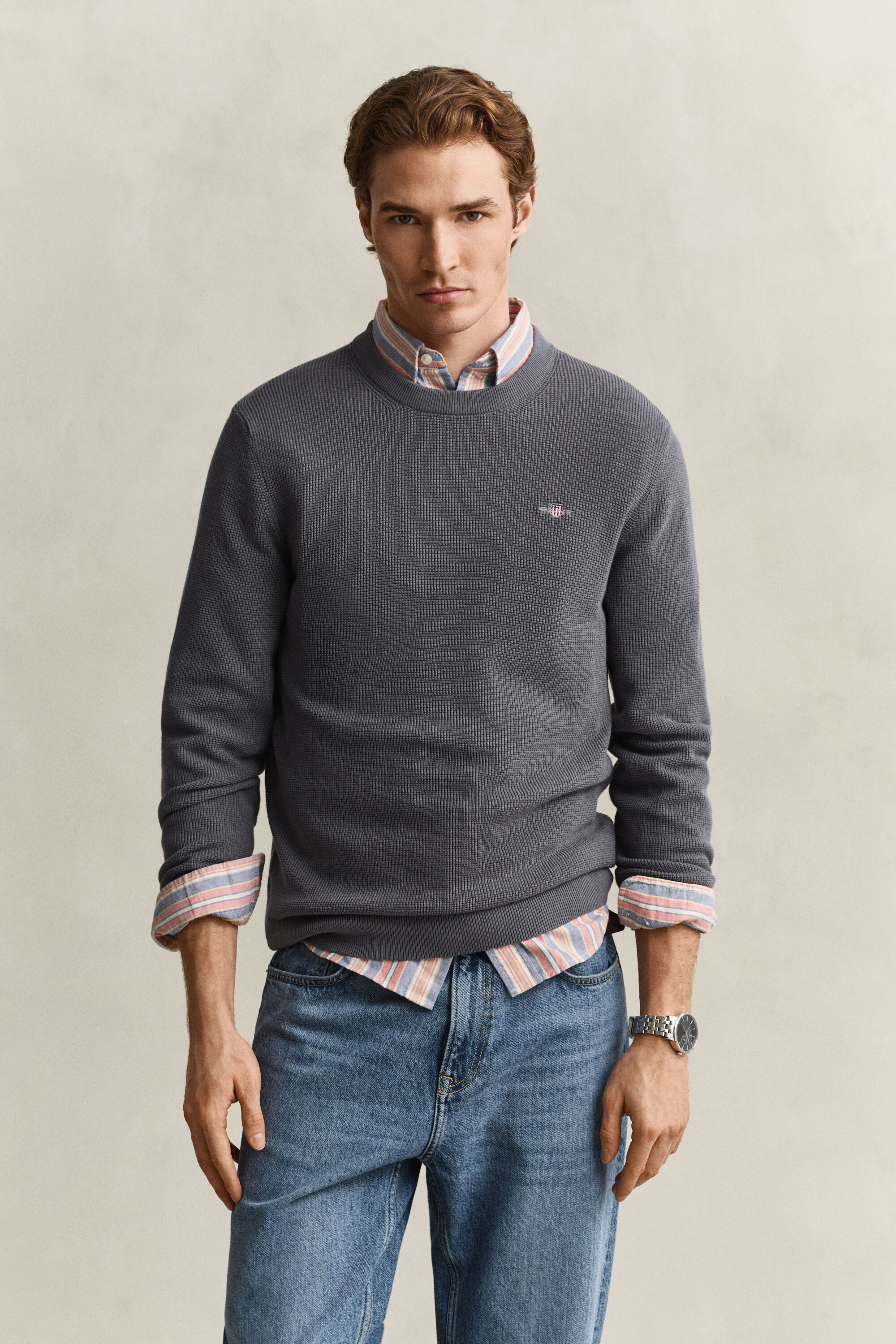 Textured Cotton Crew Neck Sweater