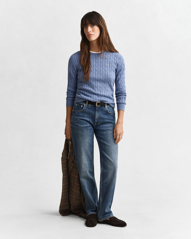 Stretch Cotton Cable Knit Crew Neck Sweater