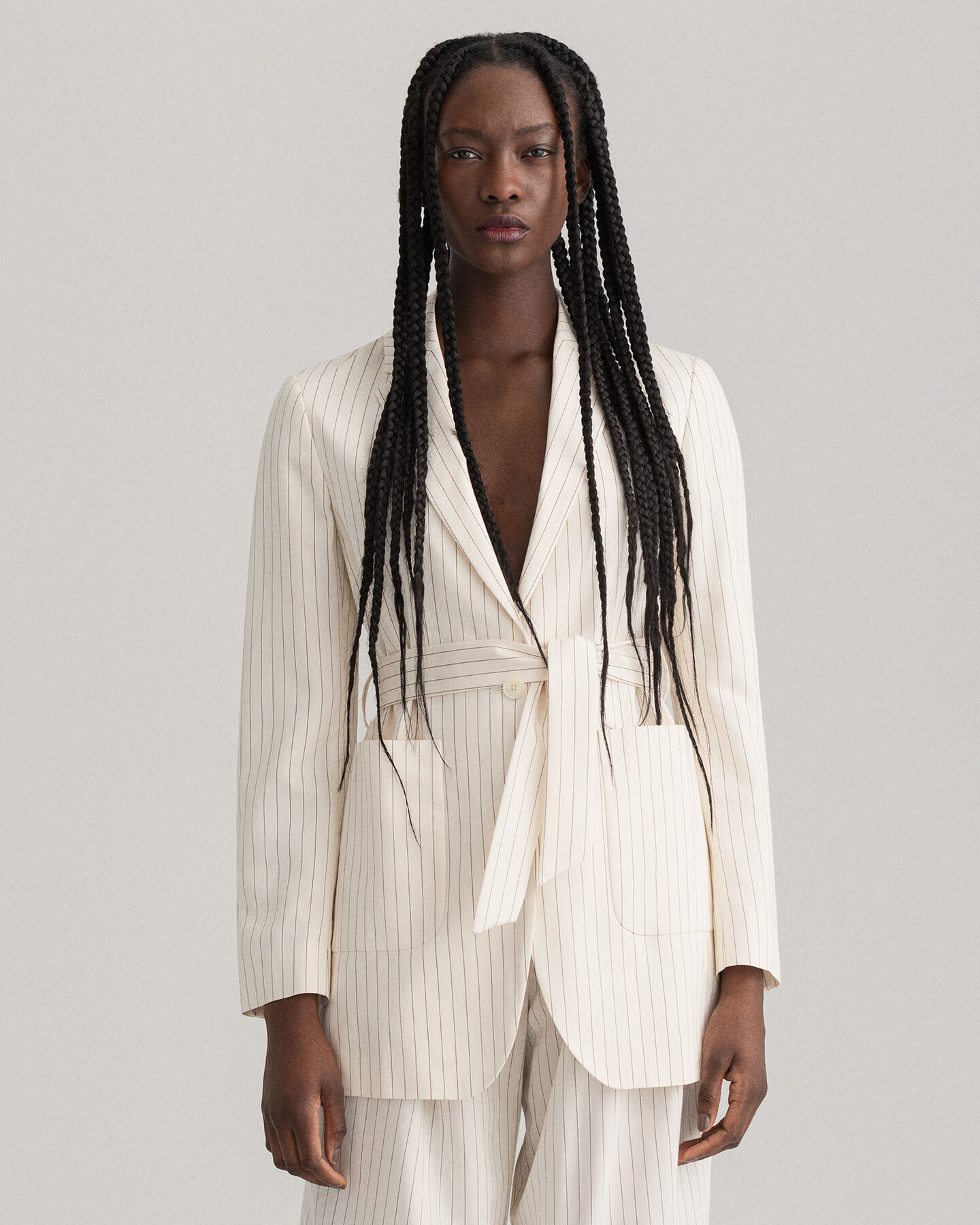 Pinstripe Belted Blazer