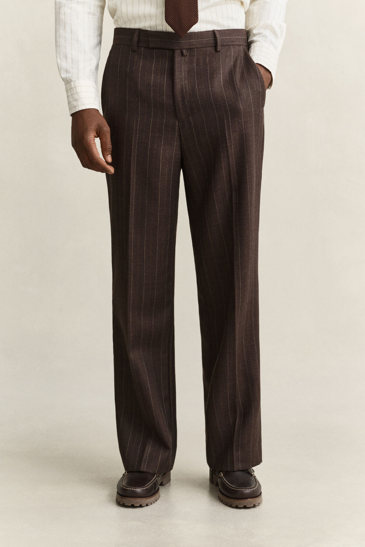 Wool Pinstriped Suit Pants — SHADOW BROWN