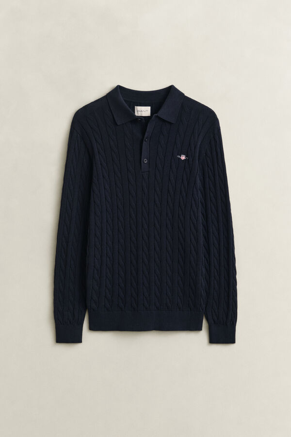Cotton Cable Knit Polo Sweater — EVENING BLUE