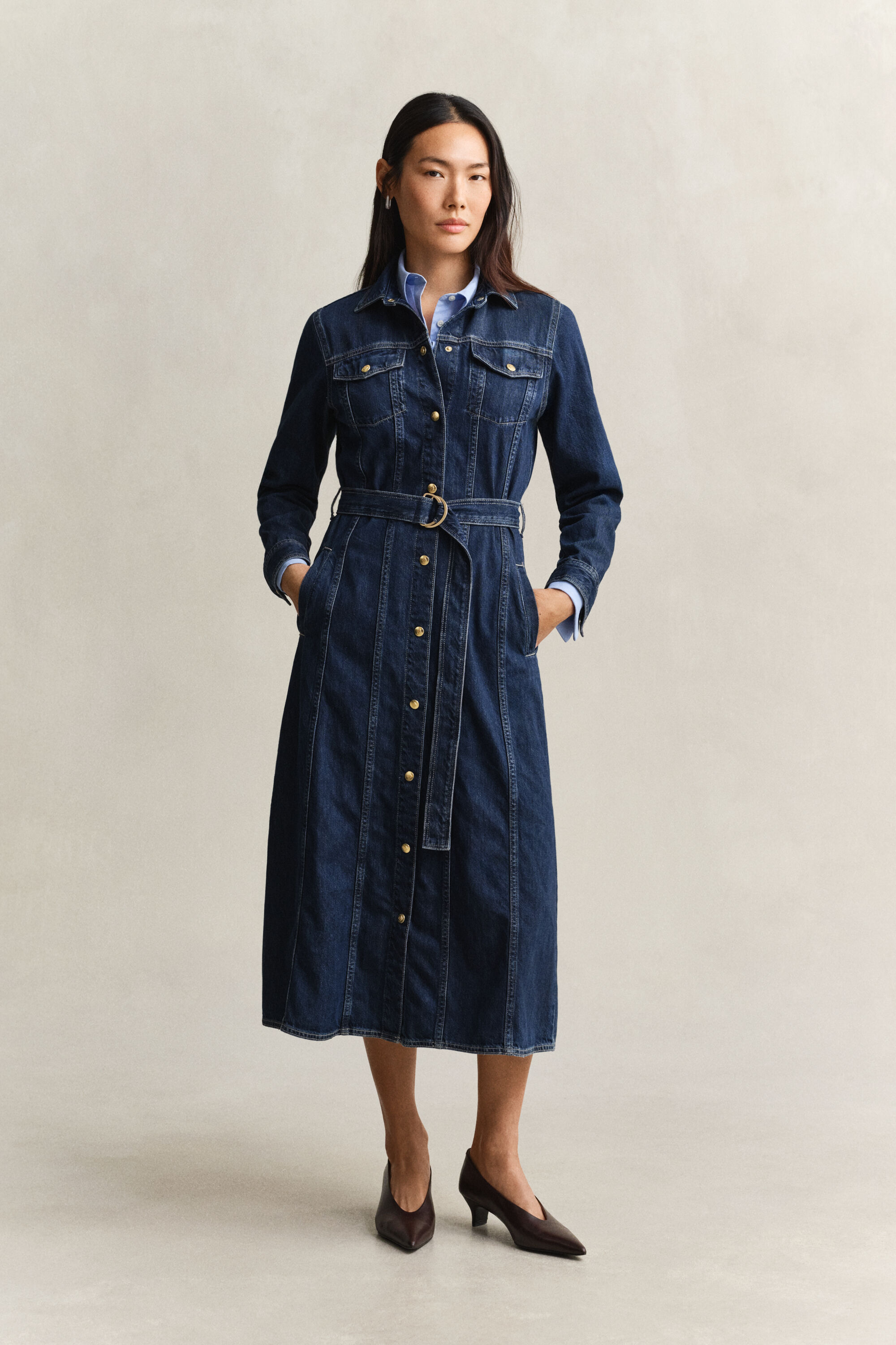Belted Denim Midi Dress