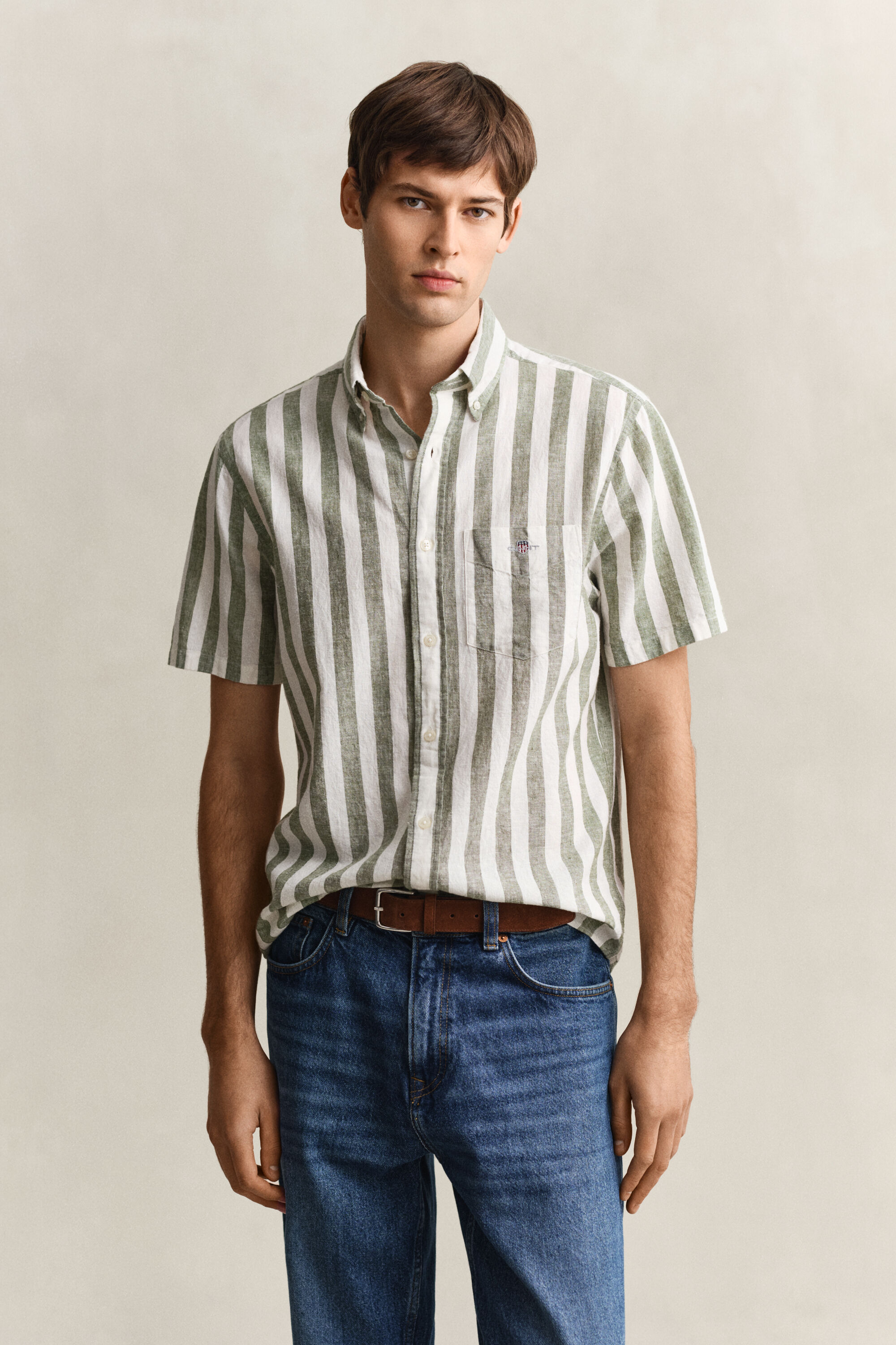 Striped Linen Blend Short Sleeve Shirt