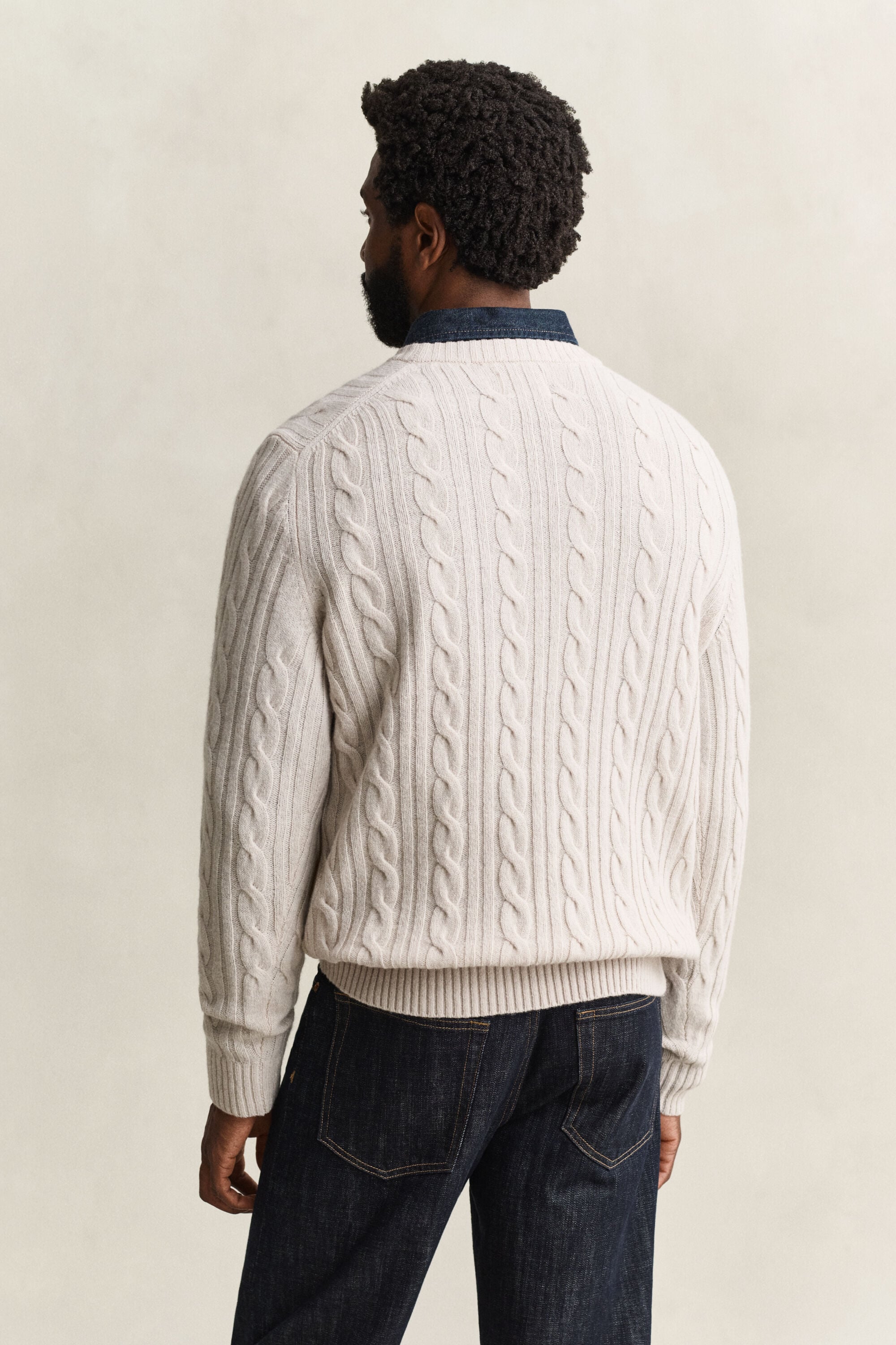 Lambswool Cable Knit Crew Neck Sweater — CLAY BEIGE