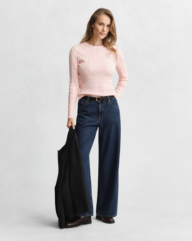 Stretch Cotton Cable Knit Crew Neck Sweater