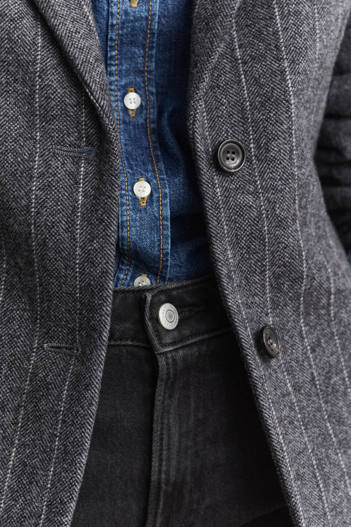 Pinstriped Hourglass Blazer — CHARCOAL MELANGE