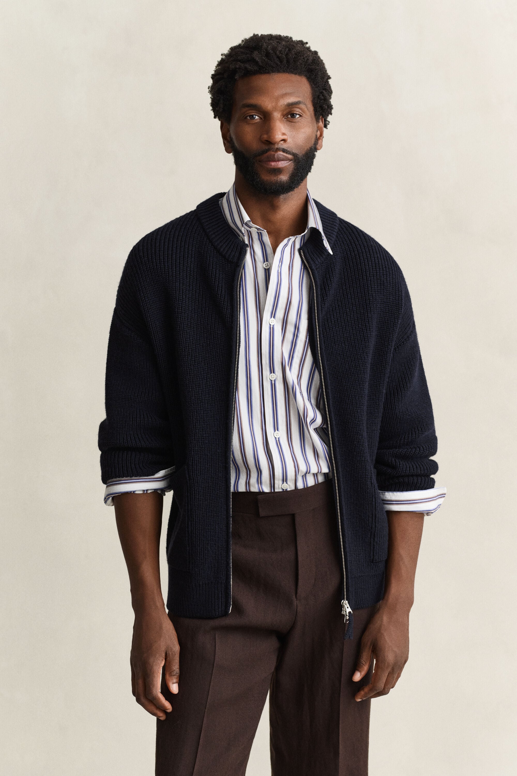 Ribbed Wool Zip Cardigan — EVENING BLUE