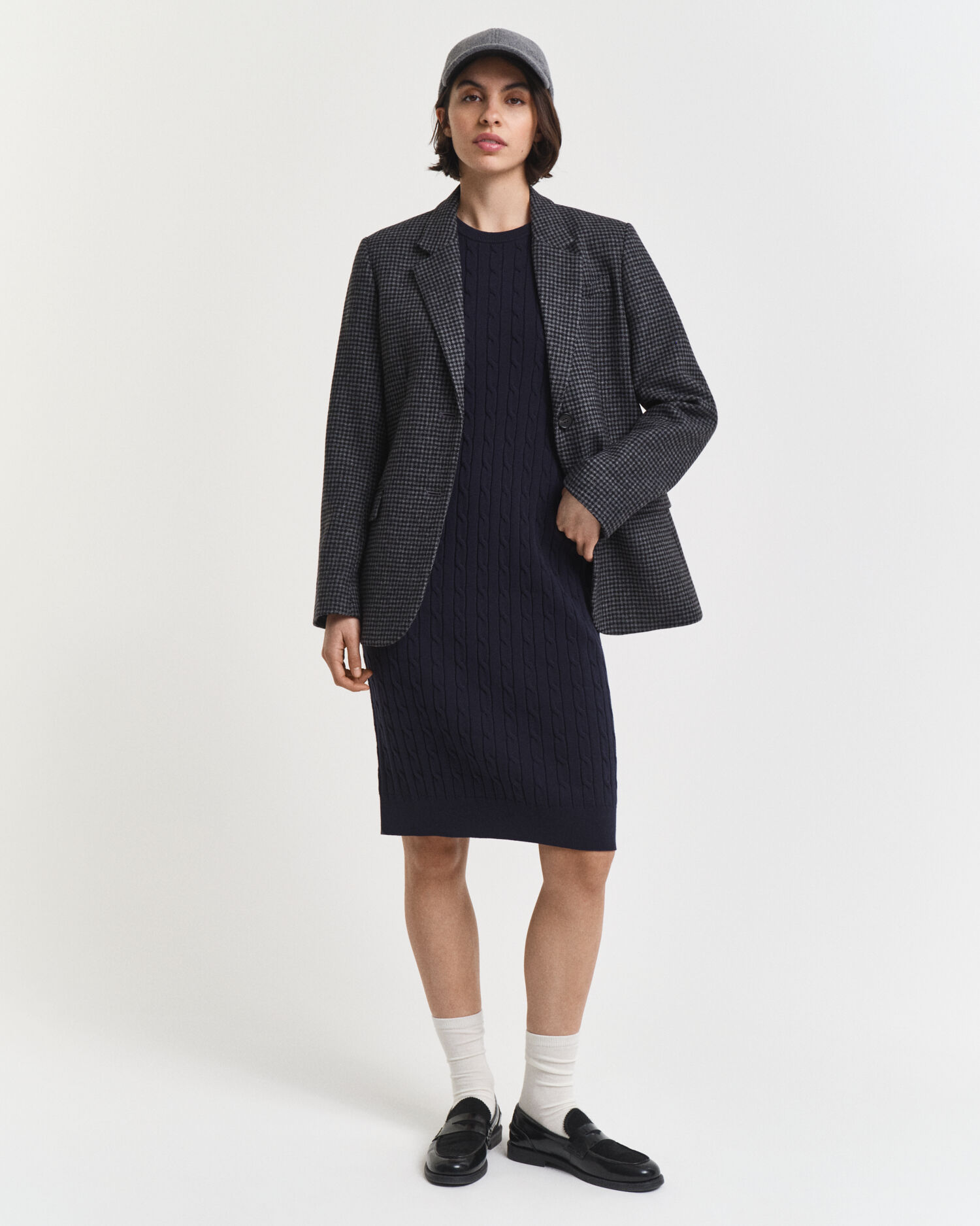 Stretch Cotton Cable Knit Crew Neck Dress