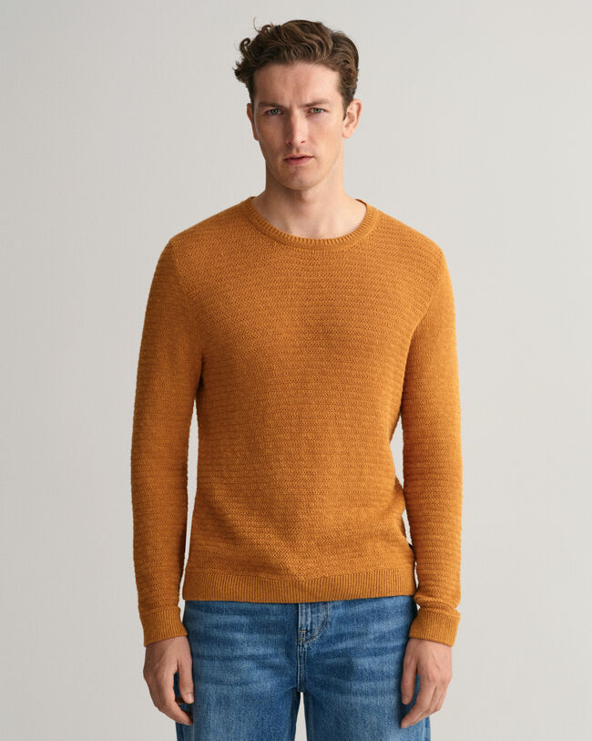 Textured Cotton Linen Crew Neck Sweater