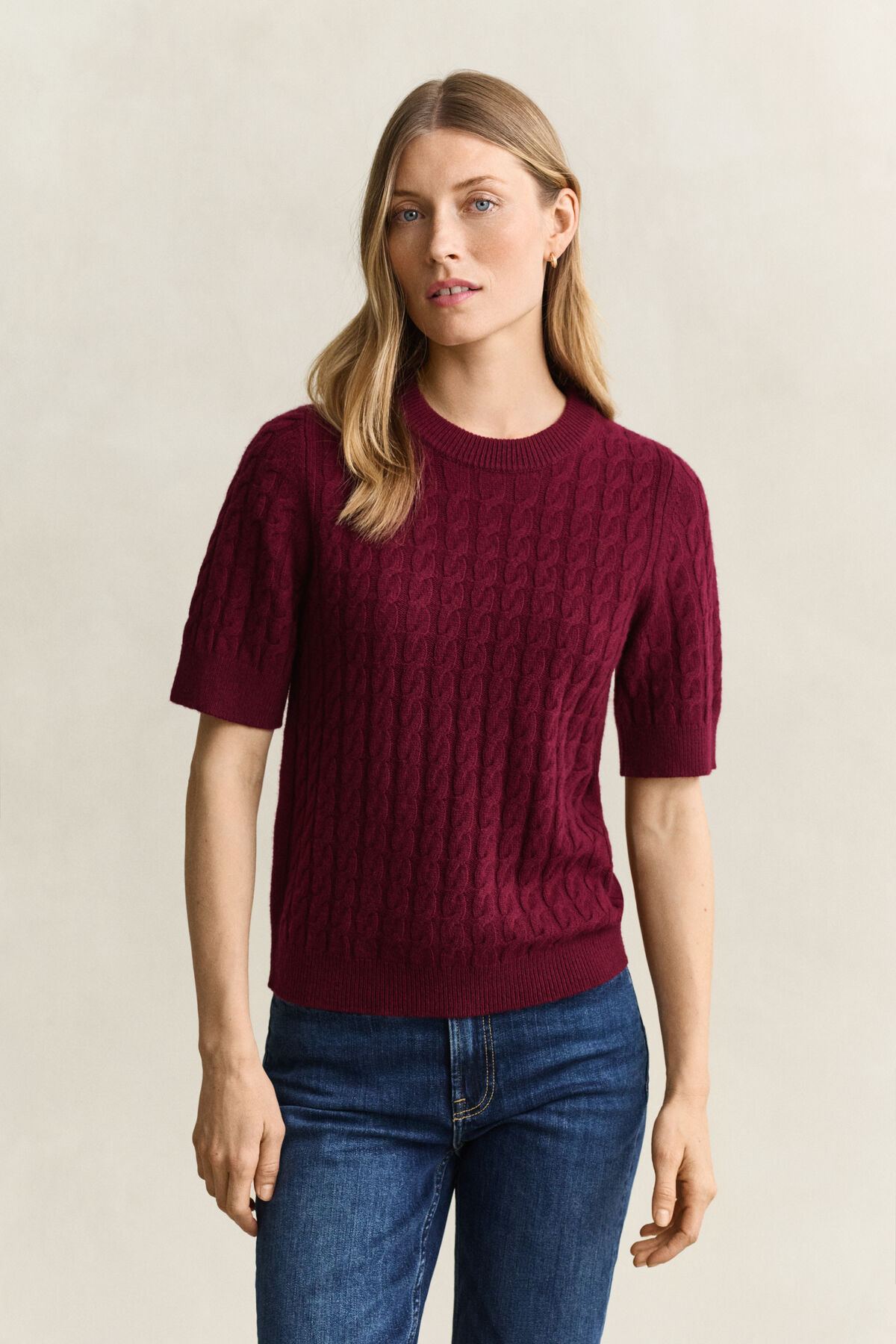 Wool Cashmere Cable Knit Short Sleeve Sweater — DARKENED WINE