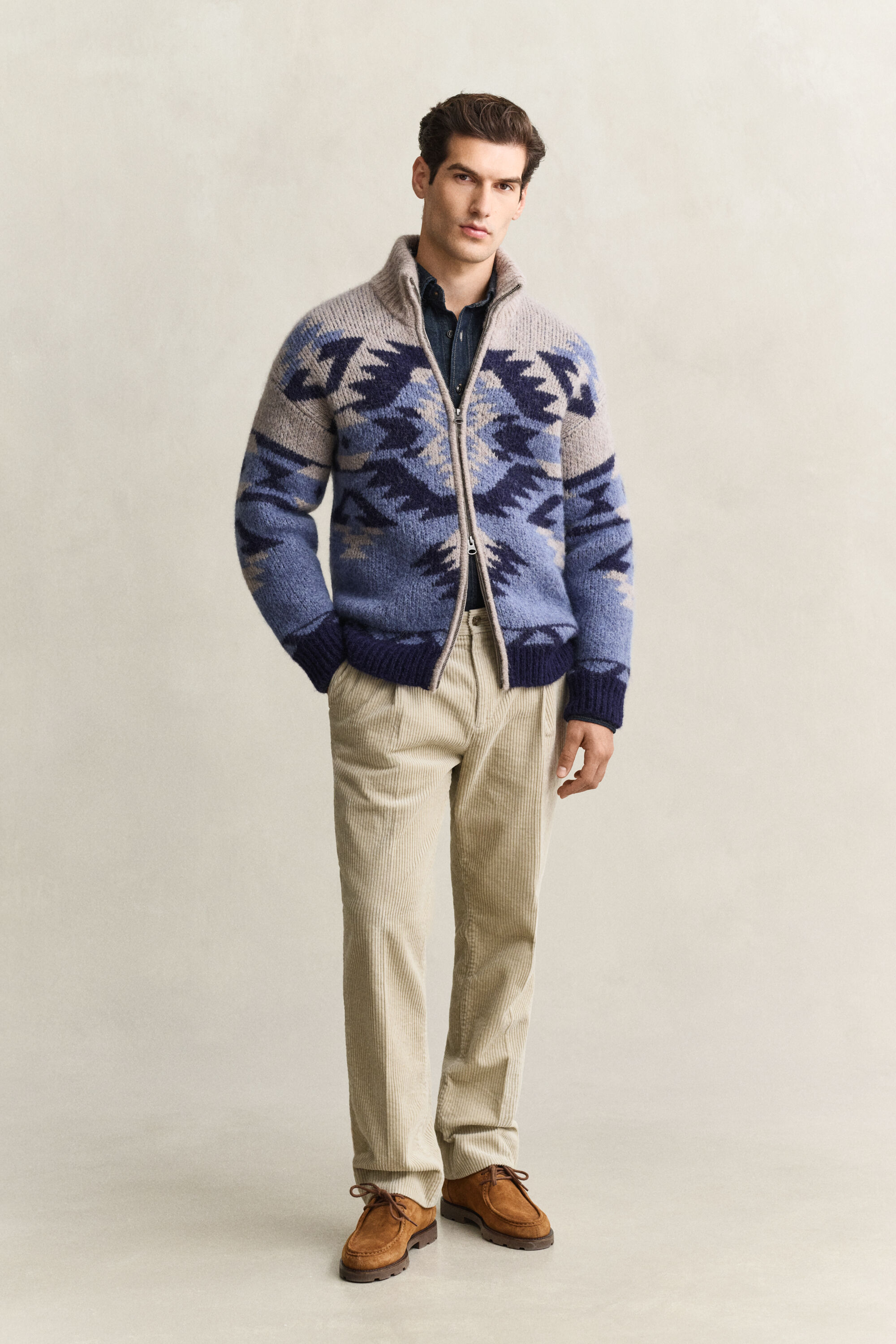Alpaca Wool Blend Jacquard Zip Cardigan