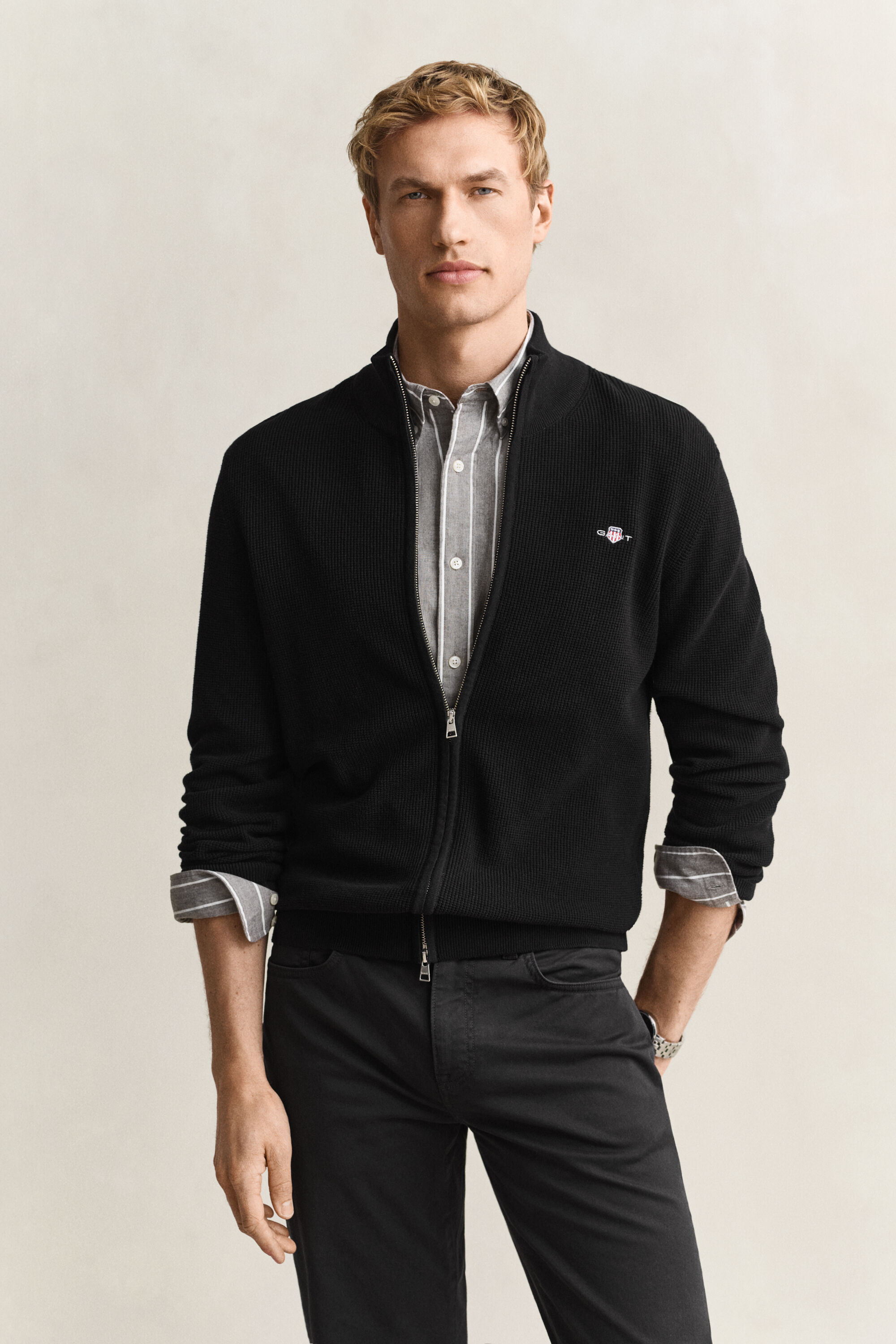 Textured Cotton Zip Cardigan