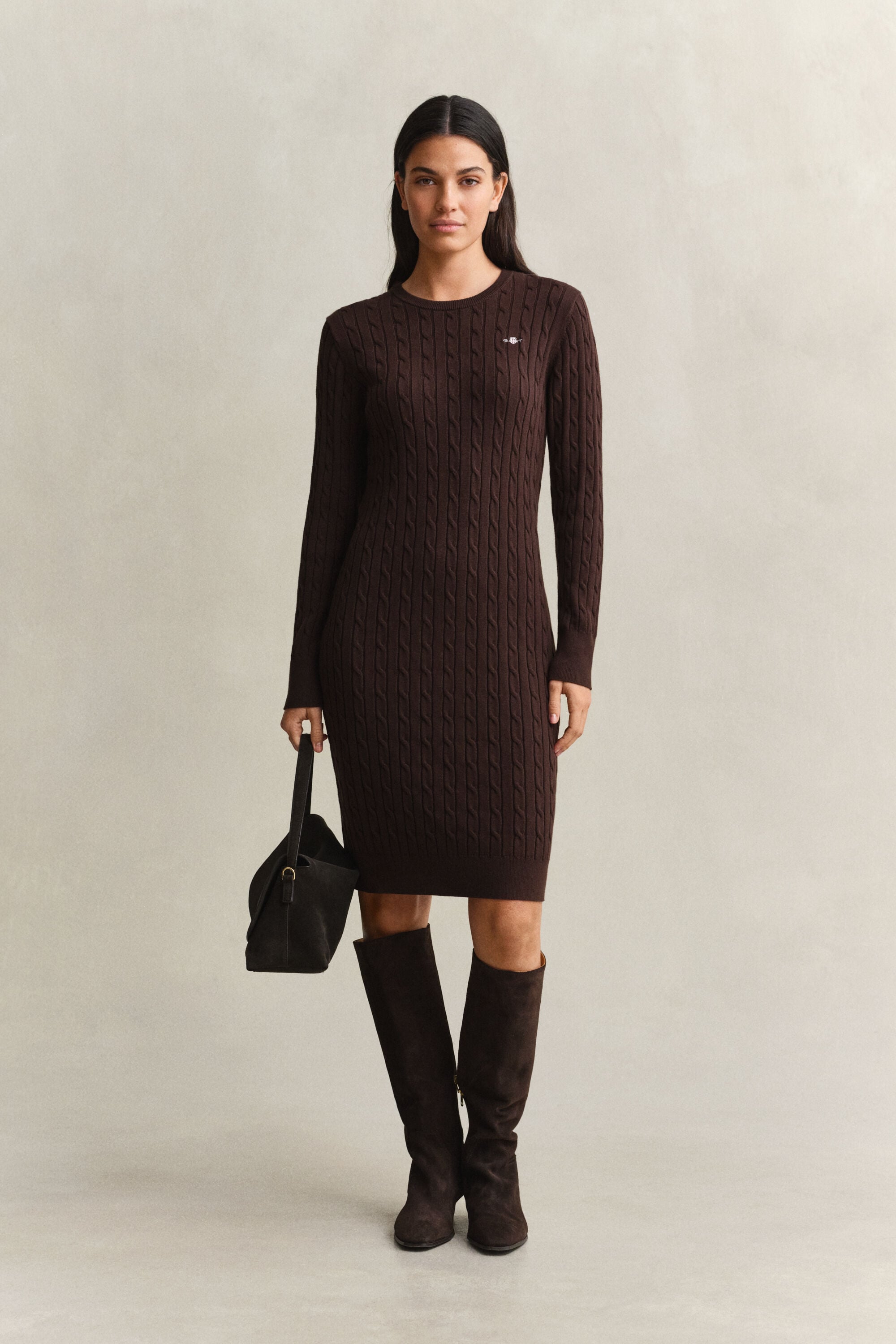 Stretch Cotton Cable Knit Crew Neck Dress