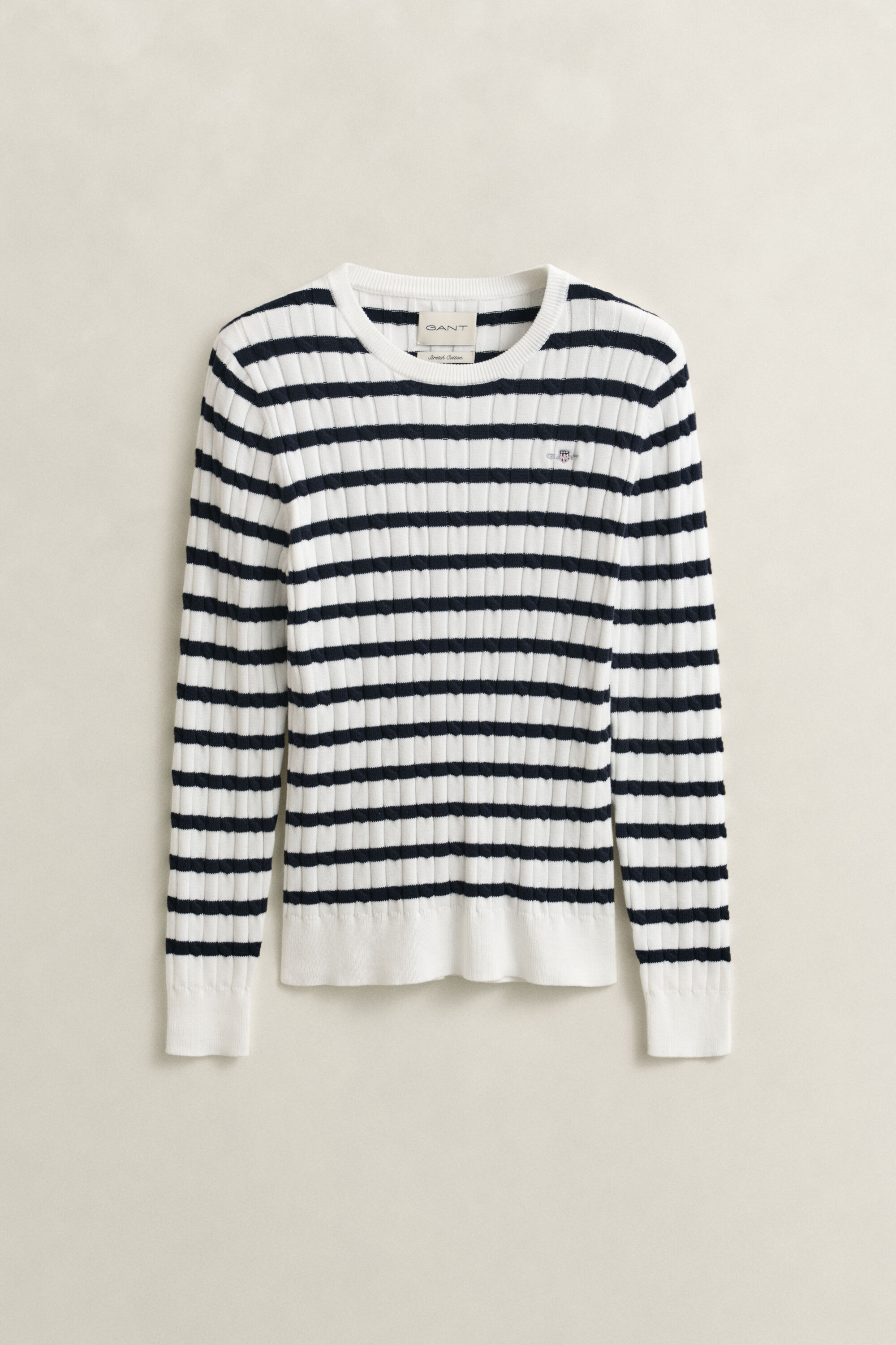 Striped Cable Knit Crew Neck Sweater